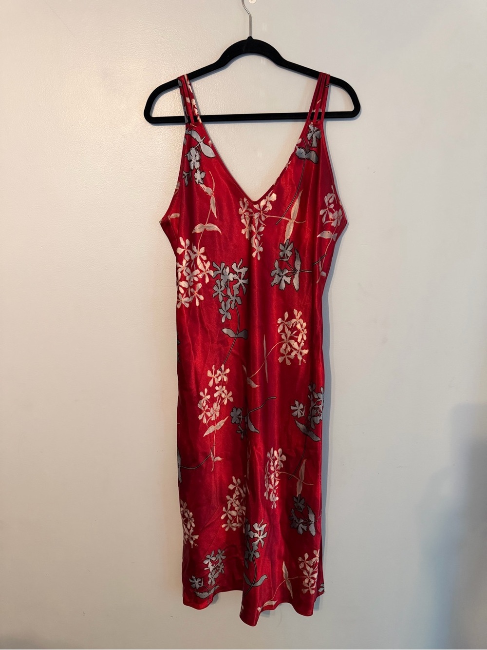 Y2K Red Floral Satin Slip Midi Dress - Women's V-Neck